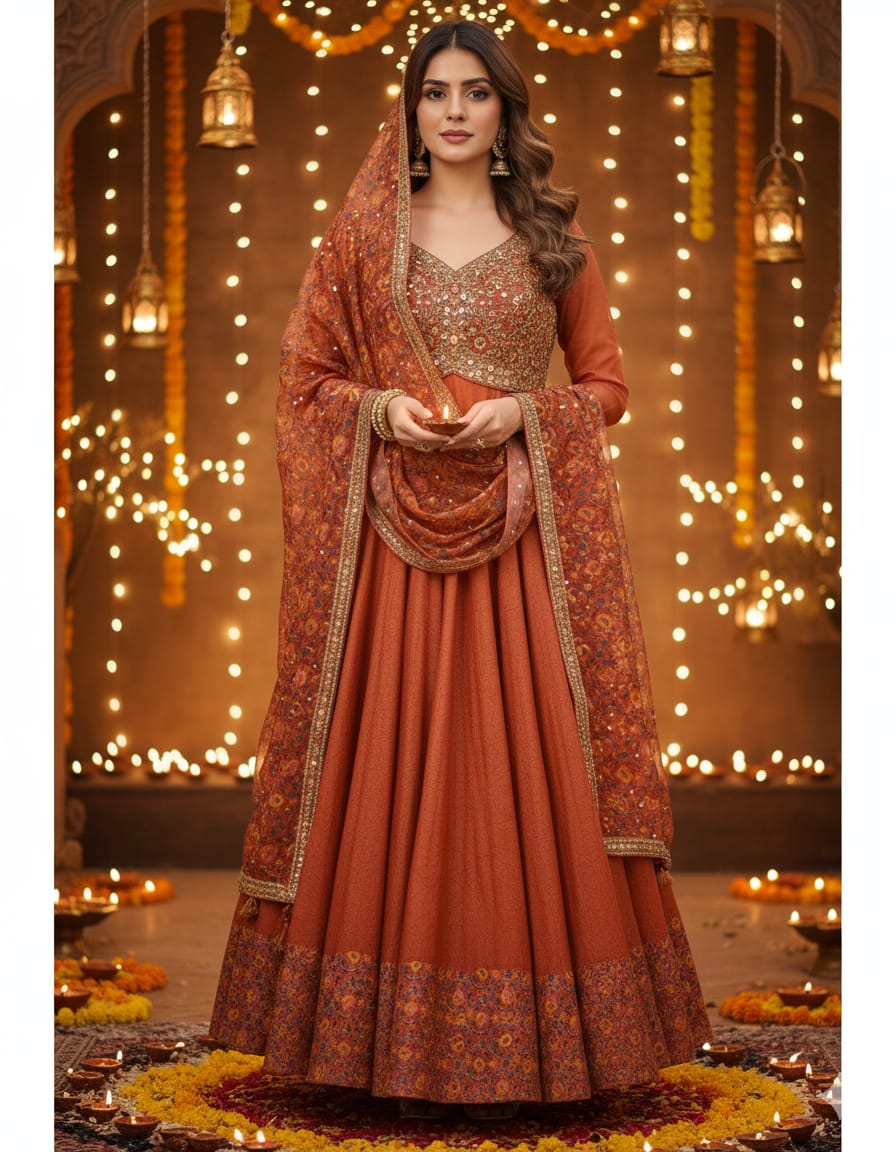 Anarkali Dress with Embroidered Bodice & Printed Dupatta