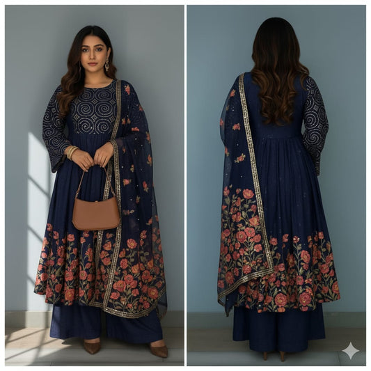 Navy Blue Anarkali with Floral Print and Embroidery